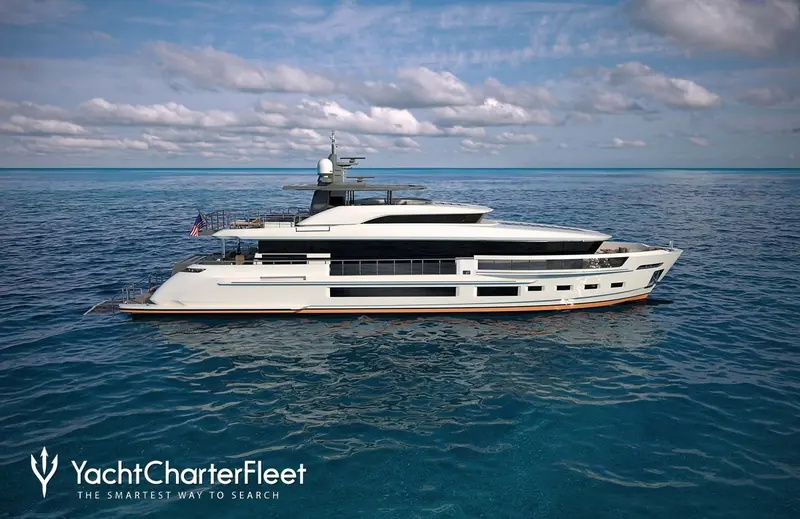 An earlier Asteria 116 (hull 02) at sea in her original raised-pilothouse configuration, delivered in 2025. This is a real photograph of a built and delivered Asteria 116, not the specific hull now under contract, which carries the 2025 tri-deck redesign instead.