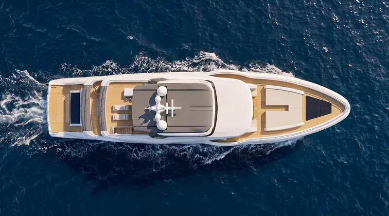Heysea's own rendering of the redesigned, tri-deck Asteria 116, released with news of this contract. This is the builder's visualisation, not a photograph - no hull of the new configuration has been photographed yet.