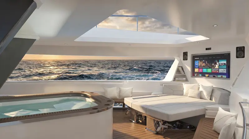 The bow owner's terrace and hot tub in Heysea's rendering of the updated Asteria 116. Like the top-down view, this is design visualisation released by the yard, not a photograph of a finished interior.