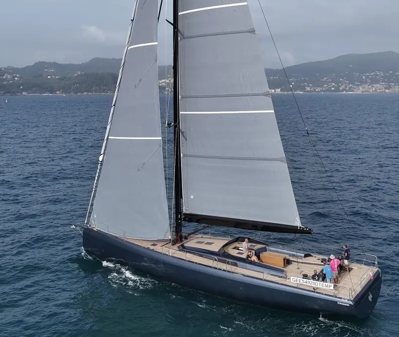 Mavi under sail off the Italian coast, the first hull of the carbon ICE 80 that launched from ICE Yachts' Salvirola yard this week.
