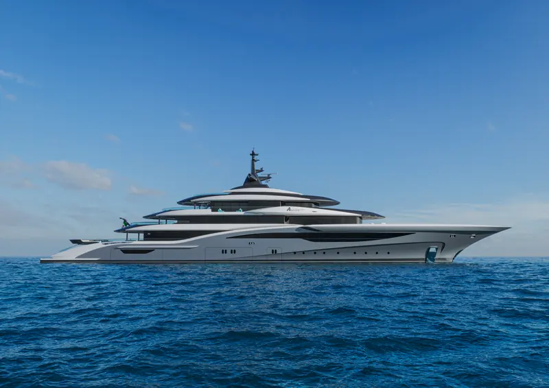 ISA Yachts' own rendering of Amarcord 86, the second design in the yard's Large Yacht Collection, shows the 86-metre profile at anchor with the Amarcord nameplate on the hull.