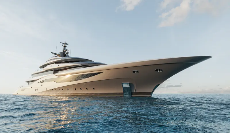 The bow three-quarter view in the yard's rendering, showing the fold-down side balcony amidships and the near-vertical stem Nuvolari Lenard drew for the 13.6-metre-beam hull.