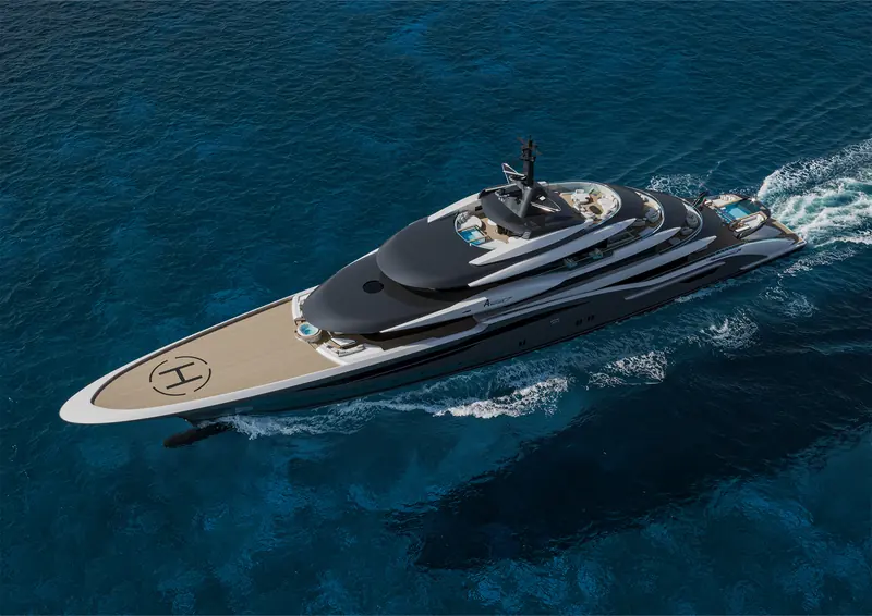 An aerial rendering looking aft over the forward helideck, marked for touch-and-go operations, toward the stacked pools and lounges of the upper decks.