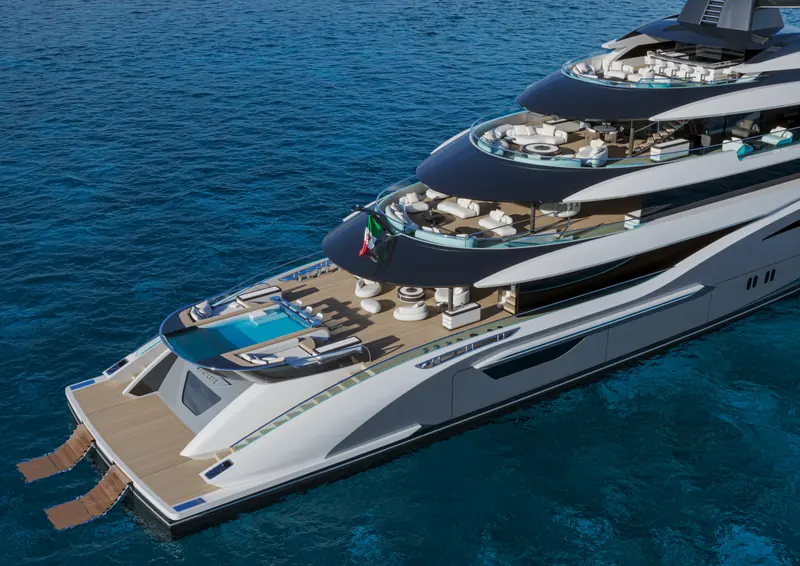 Looking down the stern in the rendering: three tiers of open deck, each ringed in glass, run from the sun deck bar down to the aft swim platform and its folding steps.