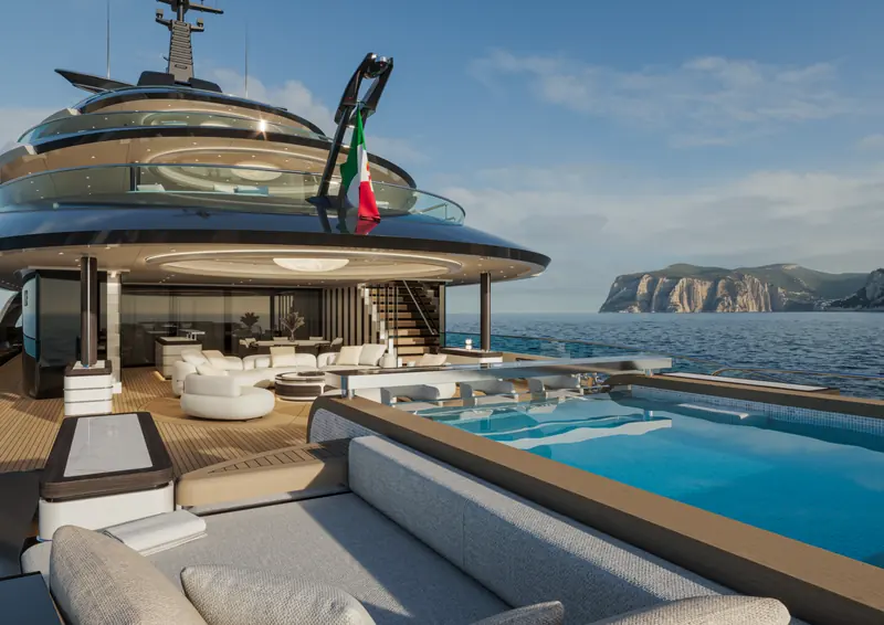 A deck-level rendering of the bridge deck aft terrace, with the fire-pit lounge under the overhang and the circular staircase that wraps the glass panoramic lift.
