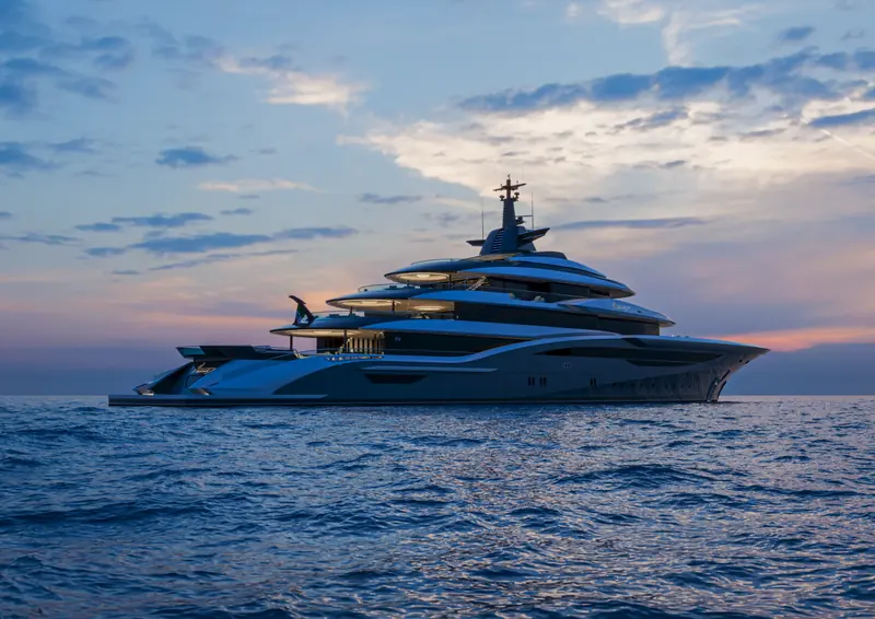 The dusk profile rendering, showing the stacked, glazed superstructure the yard says lets every deck keep its own relationship to the sea and to privacy.