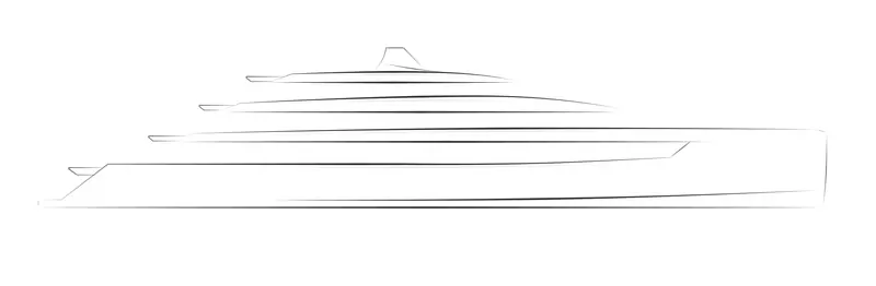 ISA Yachts' own profile line drawing of the new 73-metre custom superyacht, released with the 23 September 2026 sale announcement. No photograph exists yet; construction has not begun.