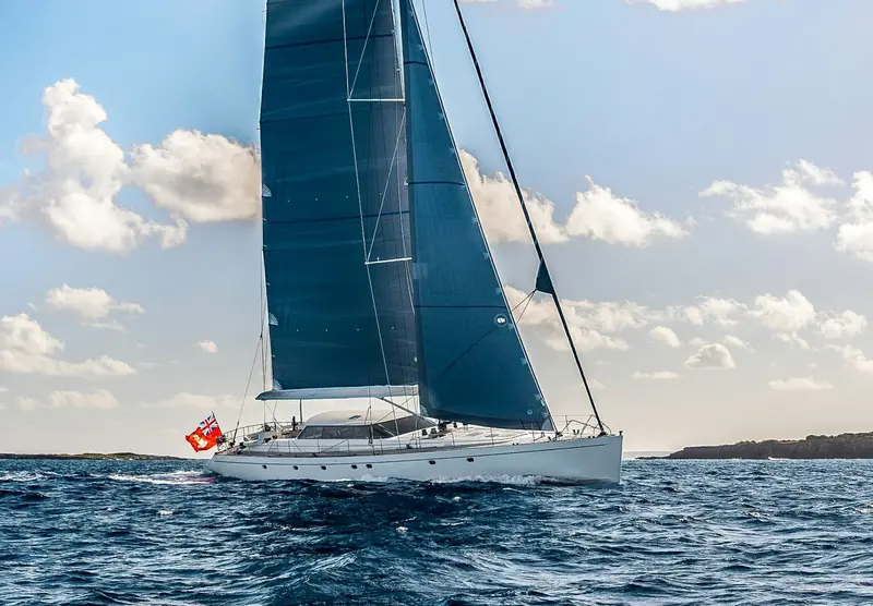La Joie de Mer under full sail. The 29-metre Jongert, designed by Tony Castro and built in 2005, carries a carbon rig and an upgraded keel added specifically for racing performance.
