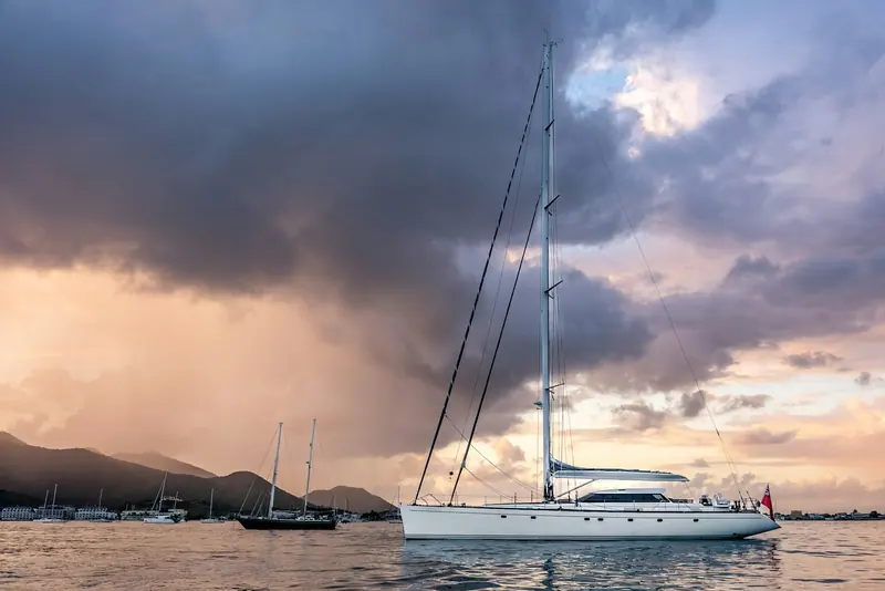 At anchor off St Maarten. The yacht's hull and superstructure were repainted in 2022, and her rig had a five-year survey and service in 2023.