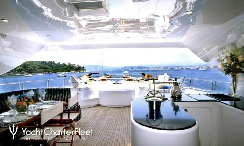 Laurie I's sundeck, with the French Riviera coastline behind her. It is exactly this kind of Mediterranean cruising ground that a three-year France ban now removes from the itinerary.