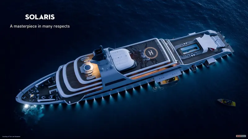 Solaris at anchor. Lloyd Werft delivered the 139.7-metre expedition yacht in 2021, the largest private vessel the yard has built.