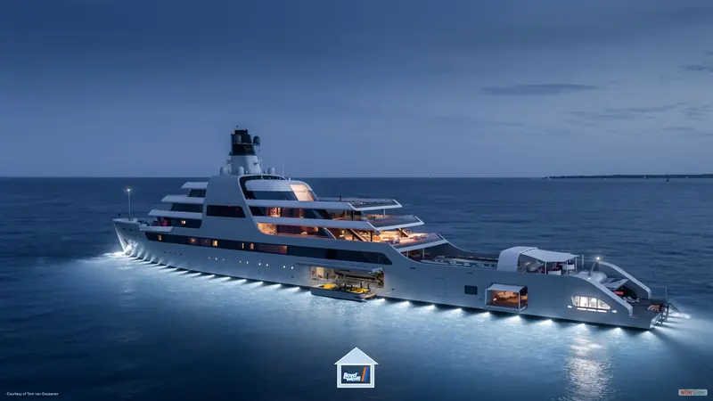 Solaris at dusk, tenders visible in her shell doors. Lloyd Werft was named shipyard partner for Maybach Ocean Club's 155m Beyond Horizons project earlier in 2026.
