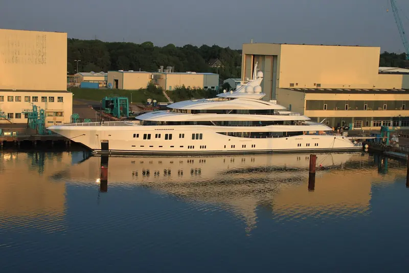 A yacht on the pier at the Lurssen yard in Schacht-Audorf, near Rendsburg, in 2015.