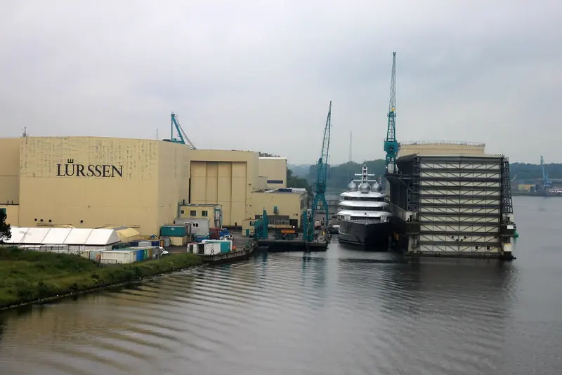 The Lurssen-Werft site at Schacht-Audorf seen across the basin, the same Rendsburg North yard the new 50 million euro programme expands.