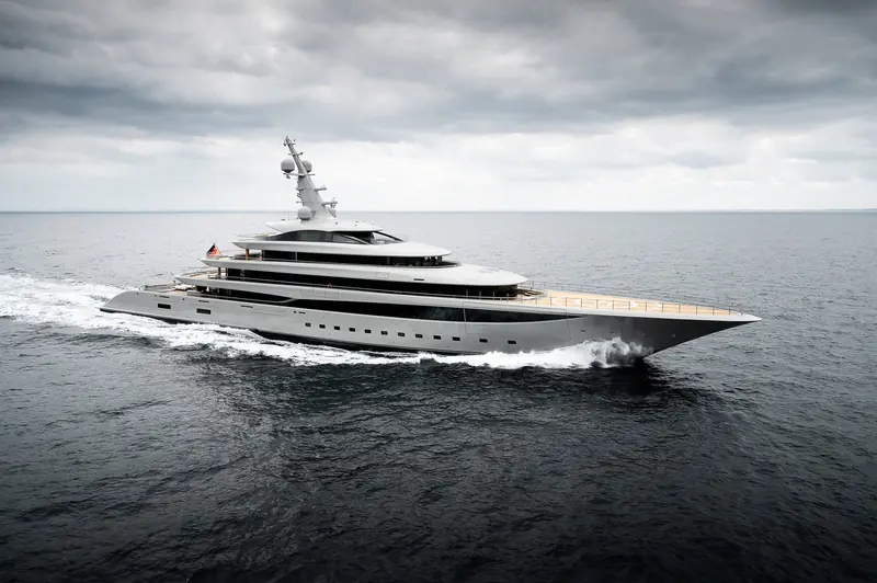 Nixie underway off northern Germany. Lurssen delivered the 102.4-metre yacht in June 2026 and put her straight into the charter market.