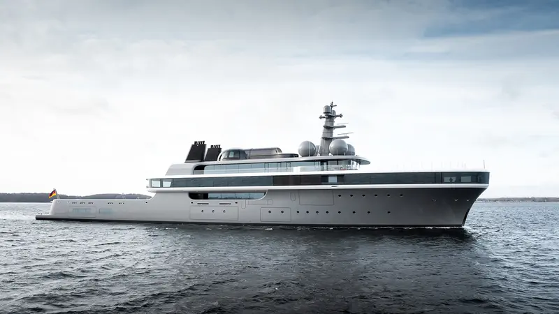 On trials on the river below the yard. As delivered, this hull runs on diesel generators and electric propulsion pods; the methanol fuel cells her owner ordered were not yet fitted.