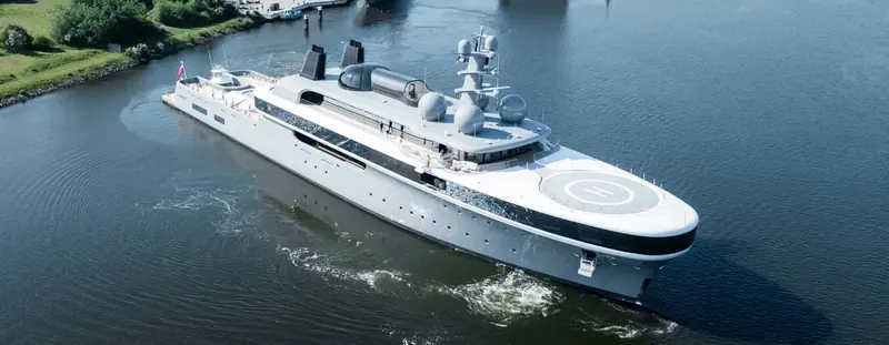 Departing the yard basin with crew still on deck. At 114.2 metres and 6,593 GT, Nausicaa is the largest yacht Lurssen has delivered this year.
