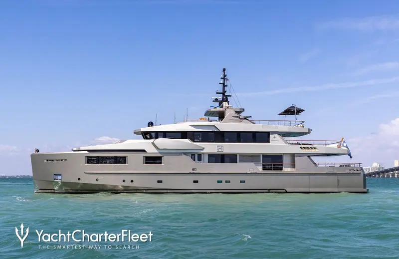 Maverick underway off Miami. Her 479GT sits on a 39.8-metre, 8.4-metre-beam hull built by Admiral, part of The Italian Sea Group.