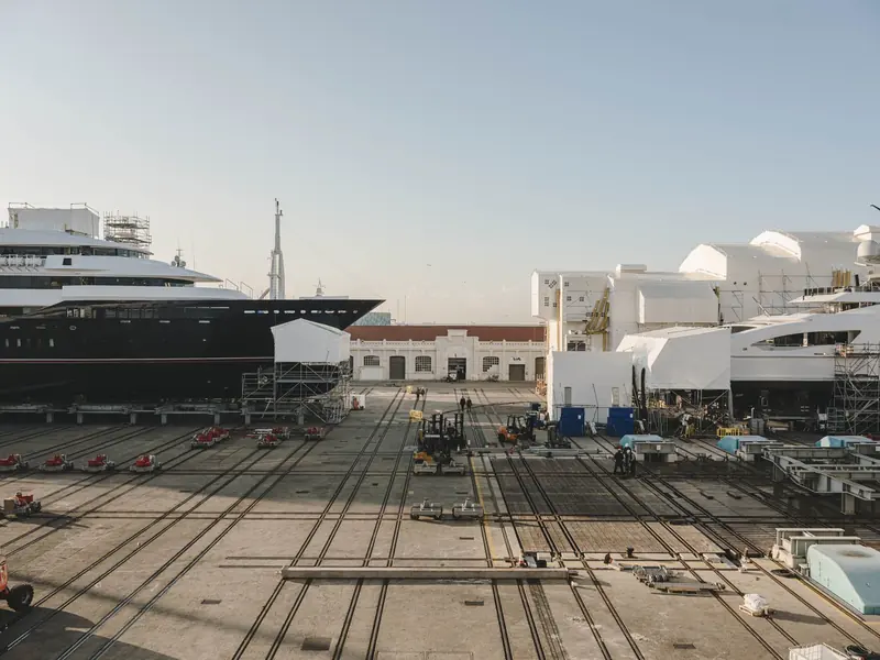 An aerial view over MB92 Barcelona's dry dock and hardstanding, the yard where the new EUR 40m investment programme will add 4,000 square metres of working area.