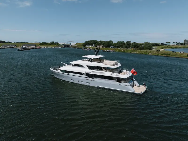 An aerial view as Lollipop leaves Hellevoetsluis, the Dutch town where Moonen completed her final outfitting and sea trials, bound for her first European season.