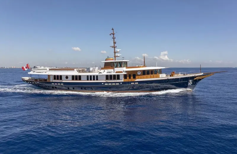Nadan underway off Florida. The 46.1-metre Burger Boat Company yacht sold through Denison Yachting in mid-August 2026 against a last asking price of $13,995,000.
