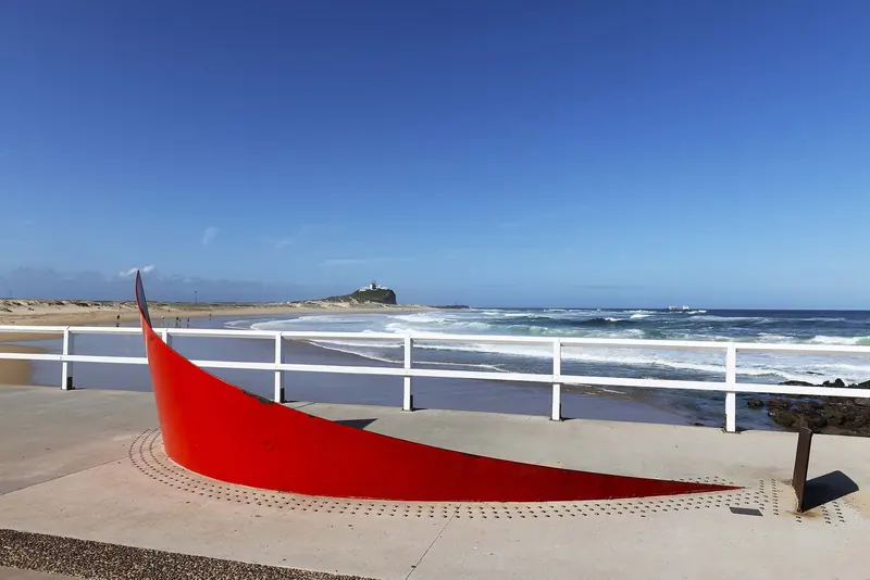 The Pasha Bulker sculpture on Nobbys Beach marks the 2007 bulk-carrier grounding at the harbour entrance.