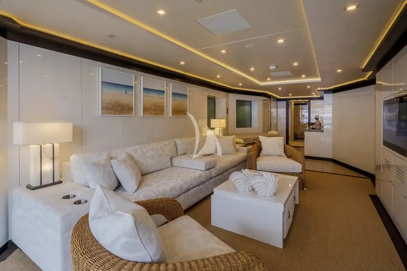 The beach club added in the 2023 refit, built for at-anchor entertaining off the transom.