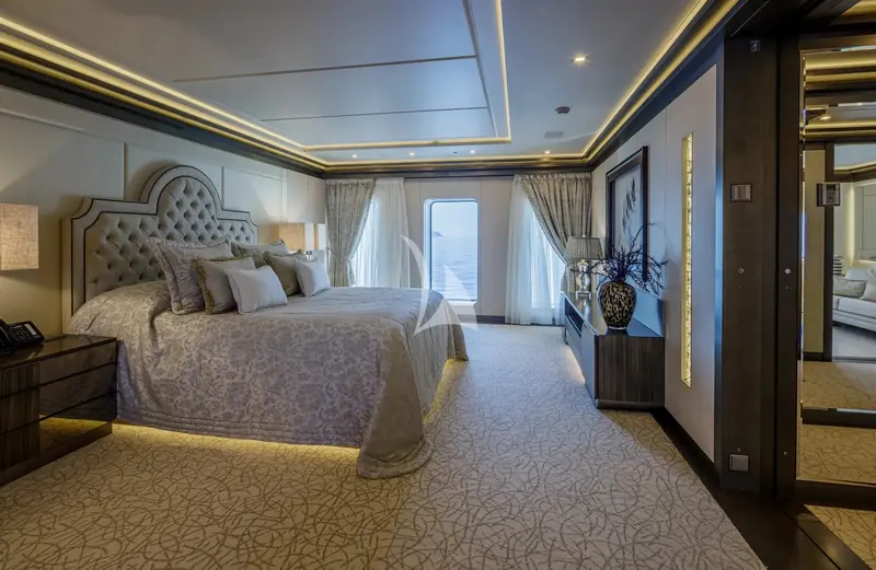 The master cabin, part of the interiors refreshed during the 2023 refit.