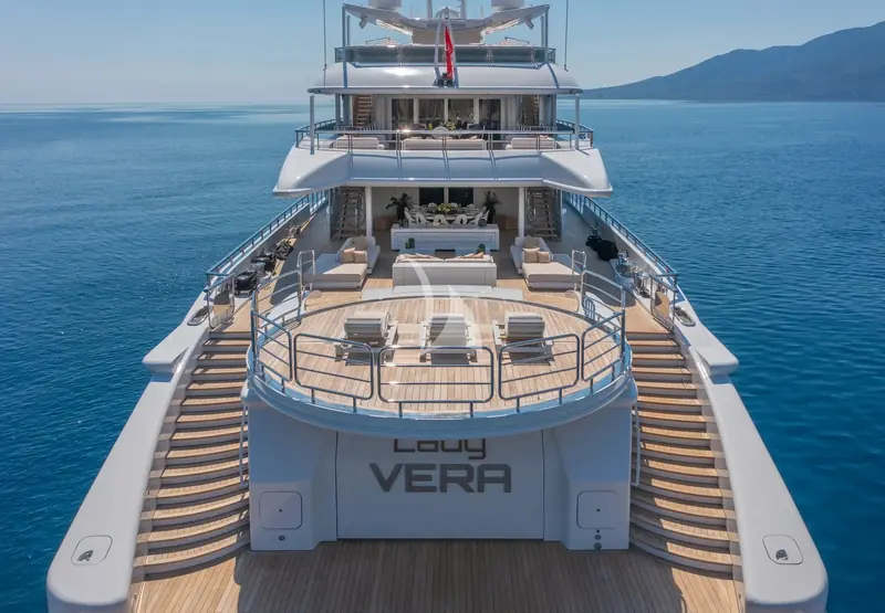The main aft deck, laid out for alfresco dining during Lady Vera's Greek island charters.
