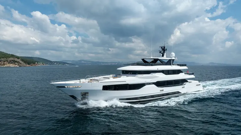 Orion One underway off Yalova after entering the water in May 2026, the 44-metre steel hull built by Trabzon Shipyard's new superyacht division.