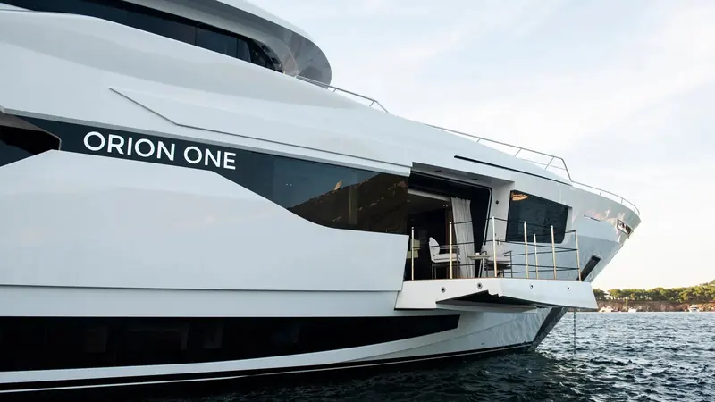 The transom carries the yacht's name in place of a yard badge; Orion Yachts has not launched a second hull.