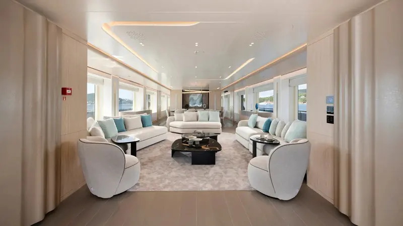 The main saloon, designed by Red Yacht Design, which has worked on the project since its earliest stages.