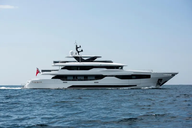 Orion One under way off the Turkish coast. The steel hull and aluminium superstructure are Orion Yachts' first, built at the Trabzon Shipyard group's Yalova sheds after a four-year build.
