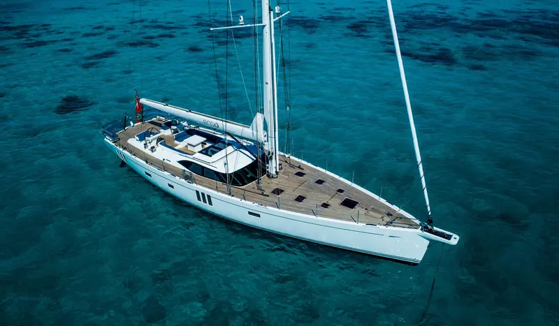 An Oyster 825 at anchor, seen from above. The bolted lead bulb sits at the base of the keel fin below the waterline, out of sight and out of reach of a routine haul-out inspection.