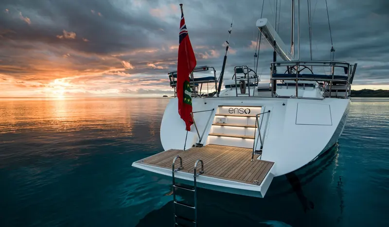The transom and aft cockpit of an Oyster 825, the same layout Viva la Vida's crew were working when the boat struck an object in 20 to 25 knot trade winds.