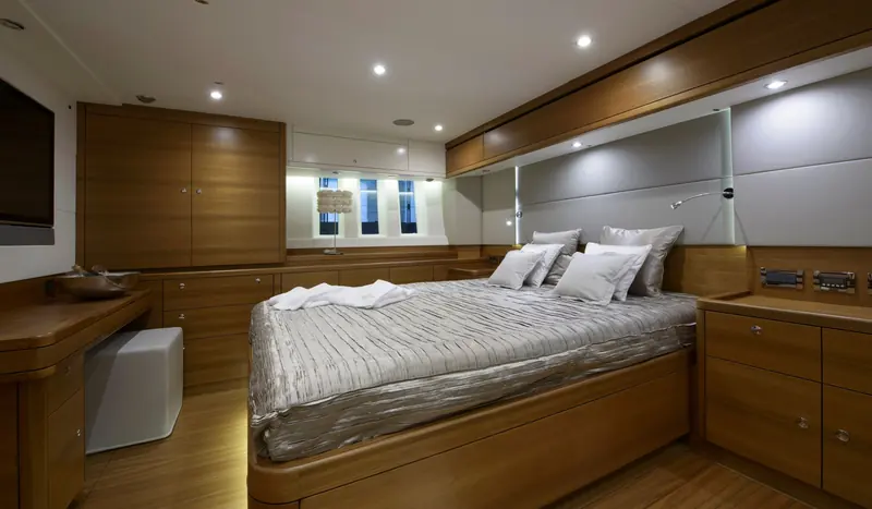 The master cabin of an Oyster 825. Viva la Vida was midway through the 2026-27 Oyster World Rally, a roughly 27,000-nautical-mile circumnavigation, when she was pulled out for Race Week.