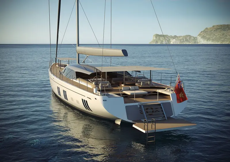 The 36M shown at anchor off a rocky coastline, her deep-V bow and wide stern visible above the waterline.