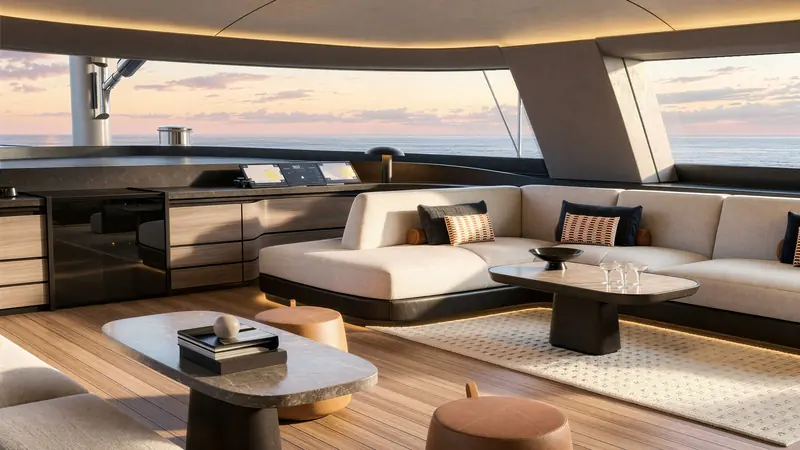A flybridge lounge open to the sea air, one of the yacht's several indoor-outdoor living spaces.