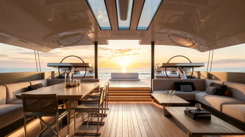 The aft cockpit set for dinner at sunset, dining table and lounge seating sharing the same deck level.