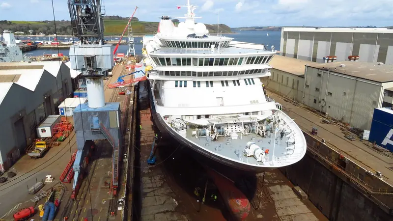 The excursion ship Balmoral high and dry at Falmouth in April 2022. Falmouth has docked working commercial tonnage for well over a century, and that industrial base is the reason a superyacht yard can find welders, platers and pipefitters here.
