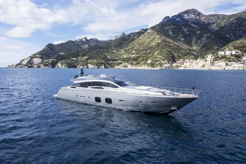Grace at anchor off the Amalfi coast. The 2016 Pershing 108 sold in under six months after listing in March 2026, at a last asking price of EUR 3.35m.