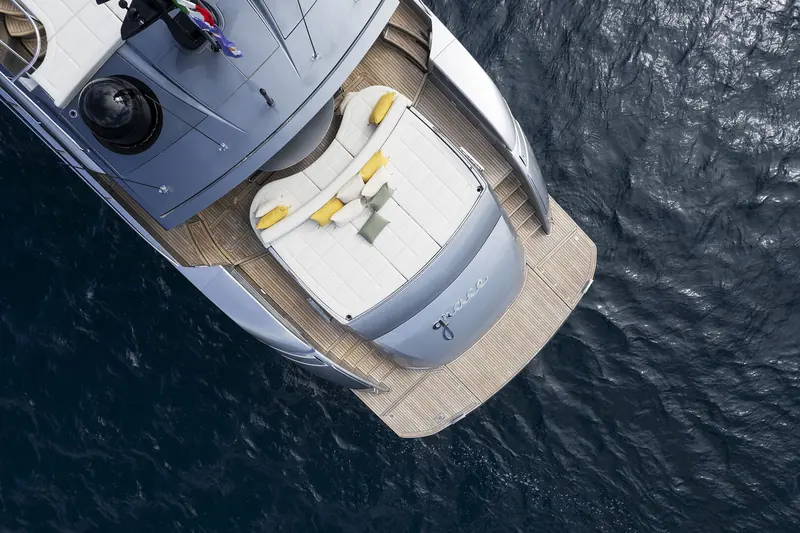 The beach club, part of the outdoor social space that supports Grace's use as a charter-capable private yacht.