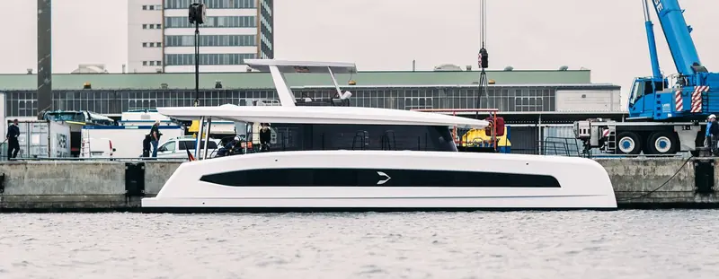 Pioneer One alongside the quay at Stralsund shortly after entering the water for the first time, 8 July 2026.