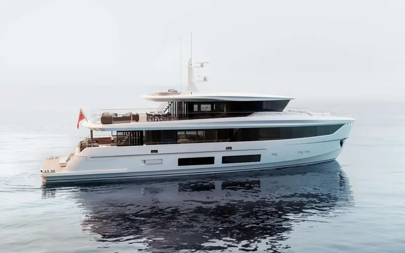 Princess Yachts' Odyssey 108 in the concept render, three-quarter profile showing the full-height glazing on both decks.