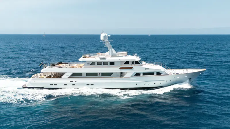 Alaia underway off the French Riviera, showing the extended aft deck and lengthened profile from the 2013-2020 rebuild.