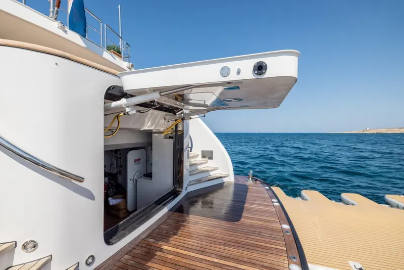The transom garage and swim platform, sized for water toys as part of the Beach House aft-deck concept.