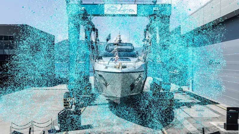 The first Riva 96' Argo Super is floated out at Riva's La Spezia yard on 20 July 2026, the launch moment the boat's Cannes Yachting Festival debut in September builds toward.