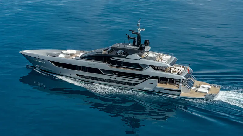 Sairu at speed. At 54.84 metres she is the largest yacht Riva has ever built, and the first to carry the marque into full ocean-going territory.