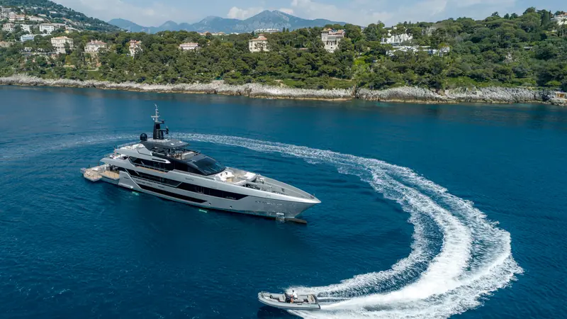 Turning off the French coast with her tender running alongside. She was presented on 26 June 2026 and listed for sale by early August.