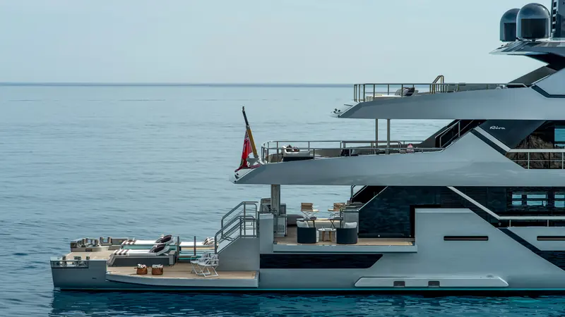 The beach club and transformable stern platform, lowered to the waterline. The same electric stabilisers let Sairu draw just 2.25 metres, shallow for a yacht this size.